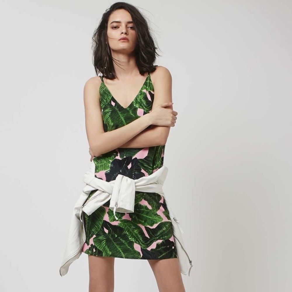 TOPSHOP Pink & Green Topical Leaf Print Dress
